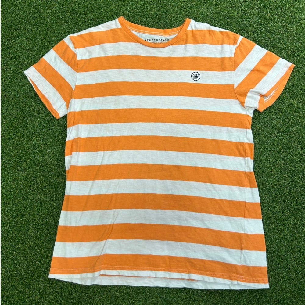 Aeropostale Mens Orange White Striped A87 Logo Crew Neck T-Shirt Size M